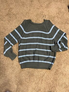 Women's Olive Green Stripe Knit Sweater with Light Blue Accents size M Sonoma